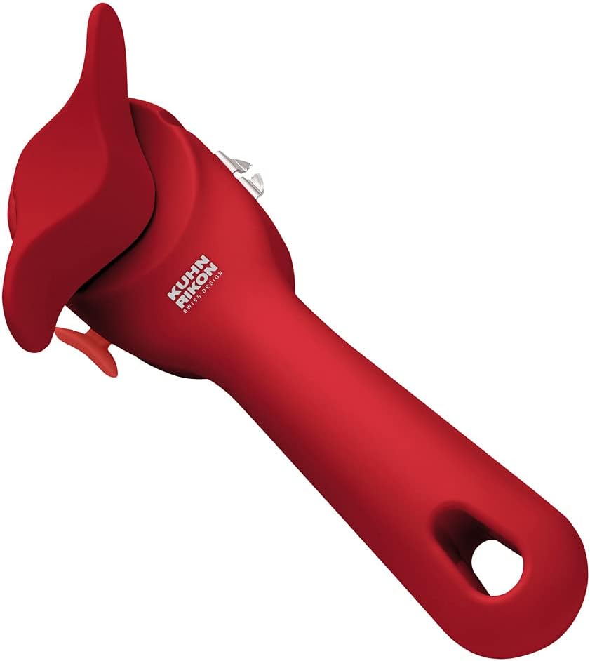 Kuhn Rikon Auto Safety LidLifter Can Opener with Ring-Pull Tool – Smooth-Edge Side-Cut Design for Safe, Touch-Free Lid Removal – Easy-Turn Handle, Swiss Engineered, Red