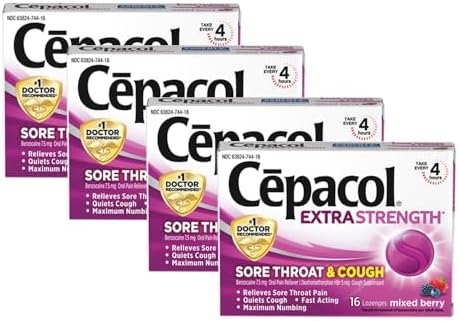 Cepacol Extra Strength Sore Throat & Cough Relief Lozenges, 16 Count, Mixed Berry Flavor, Maximum Numbing, Fast Acting Relieves Sore Throat Pain, and Quiets Cough (Pack of 4)