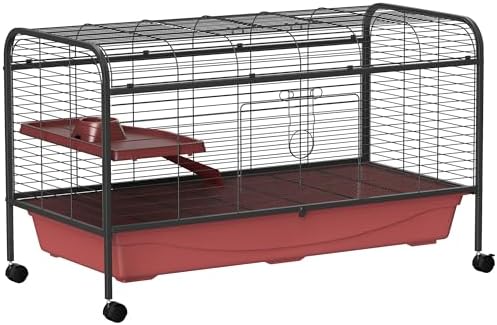 PawHut 41" L Small Animal Cage Rabbit Hutch with Feeder, Rolling Wheels Red