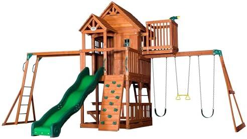 Backyard Discovery Skyfort II Cedar Wood Swing Set with Wave Slide, Raised Clubhouse, Crow's Nest, Monkey Bars, Balcony, Belt Swings, Trapeze