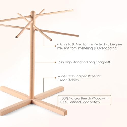 iSiLER Natural Beech Wood Pasta Drying Rack with 8 Branches, Easy to Transfer for Drying Pasta and Spaghetti, Special Suspension Design for Storage