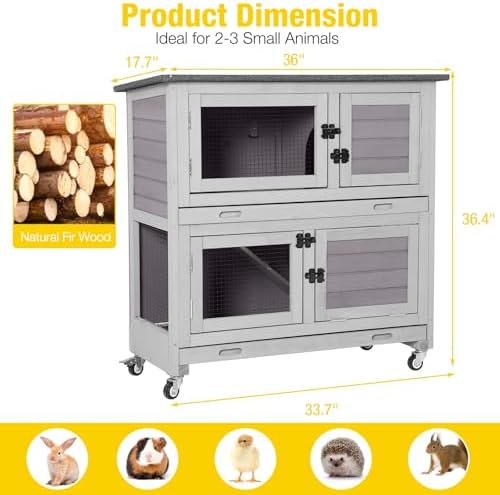 Aivituvin Rabbit Hutch, Indoor Bunny Cage with Run Outdoor Rabbit House with Two Deeper No Leak Trays - 4 Casters Include (Grey)