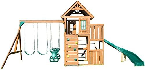 Swing-N-Slide PB 8272 Cedar Brook Wooden Swing Set Play Set with Two Swings, Slide, Monkey Bars, Picnic Table & Glider, Green