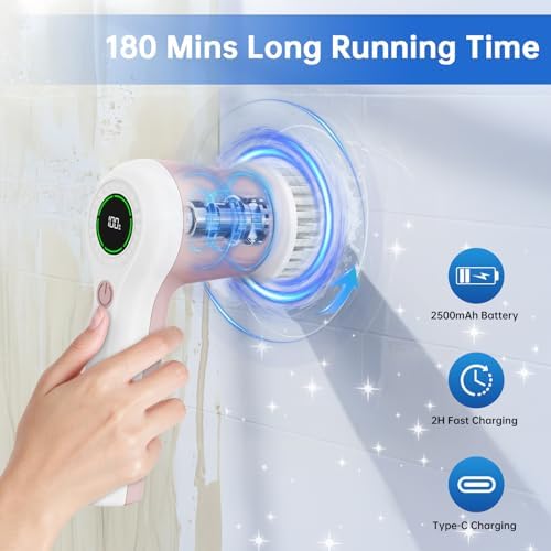 PUFTEM Electric Spin Scrubber, Cordless Shower Scrubber | Battery Level Display, Dual Speed, 6 Replaceable Brush Heads, IPX7 Waterproof, Long Runtime, Tub, Tile & Sink Cleaning