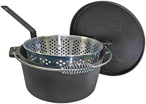 Bayou Classic B159 Cast Iron Fish Cooker Features 8-qt Cast Iron Dutch Oven w/Lid and 5-in Stainless Thermometer 19-in Tall Cooker Perfect For Slow