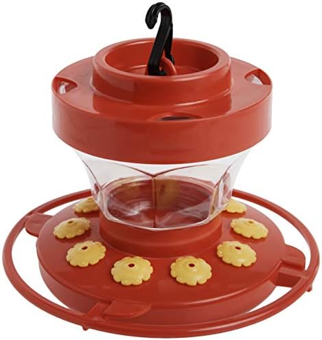 First Nature 993091-546 16 oz. Hummingbird Flower Feeder , Red | Bright Flower Ports Attract Birds - Round Bottom Perch Fits Multiple Birds - See-Through Tank Shows Nectar Levels