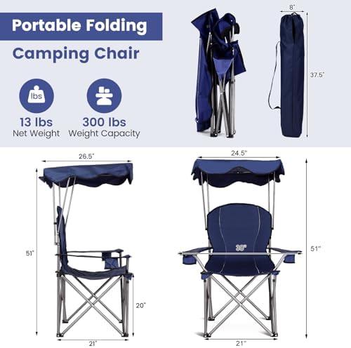 Goplus Camping Chair with Canopy Shade, Folding Lawn Chair with Umbrella Cup Holder & Carry Bag, Portable Sunshade Chair for Adults for Beach Outdoor Travel Hiking Fishing (Red)