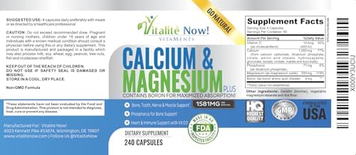 Vitalité Now! Calcium Magnesium Supplement 1000mg with Vitamin D | 10 Forms of Calcium for Maximum Absorption - Bone Strength Support with Boron