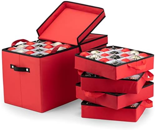 Zober Christmas Ornament Storage Box - Stores 64 Ornaments - Non-Woven, Tear- Proof Christmas Ornament Storage Containers - 3 Inch Cube Compartments - Red