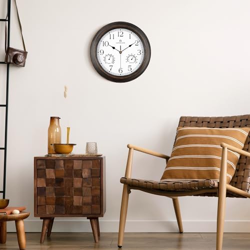 Lafocuse 12 Inch Brown Outdoor Wall Clocks with Temperature and Humidity