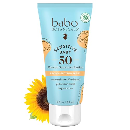 Babo Botanicals Sensitive Baby Mineral Sunscreen Lotion SPF50 - Natural Zinc Oxide - Face & Body - Fragrance-Free - Water-Resistant - EWG Verified