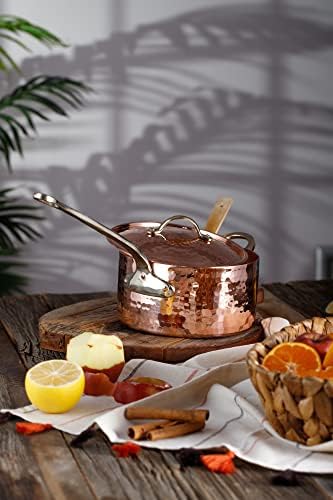 DEMMEX 1.2mm Thick Hammered Uncoated Copper Saucepan with Lid & Helper Handle, Food-Safe Tin Lined (1.7-Quart)