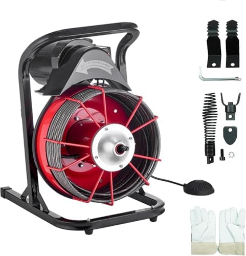 HoldwellS 50FT x 5/16 Inch Drain Cleaner Machine, Electric Drain Auger for 3/4"-3" Pipes, Sewer Snake Auger with 4 Cutters & Pneumatic Foot Switch