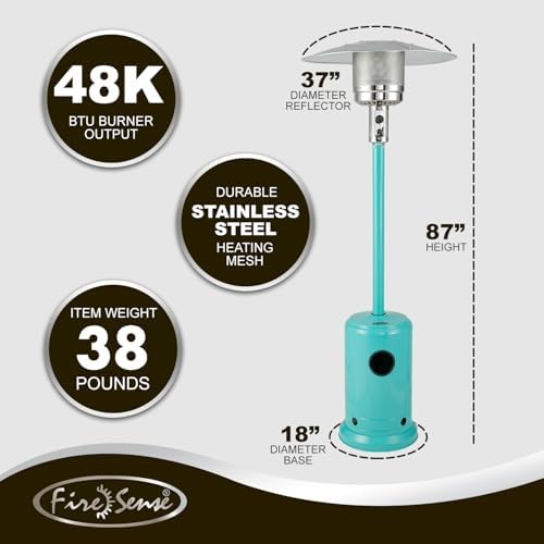 Fire Sense 61130 Patio Heater with Wheels, 48,000 BTU, Aqua Blue | Electronic Ignition System, Portable Outdoor Propane Heater, All Seasons
