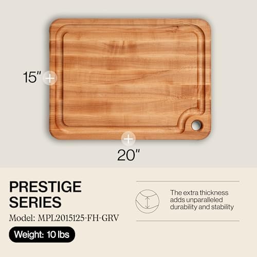 John Boos Prestige Series Rectangular Wooden Maple Cutting Board 16”x10” – 1.25” Thick, 6-lb Reversible Butcher Block with Juice Groove, Edge-Grain & Finger Grip Hole – Made in the USA | 1.25” Thick, 6-lb Butcher Block with Juice Groove, Edge-Grain & Fin…