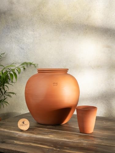 Village Decor Terracotta Water pot With Lid & Glass |Preseasoned Terracotta Mud(Capacity 6000 ml / 202 oz)