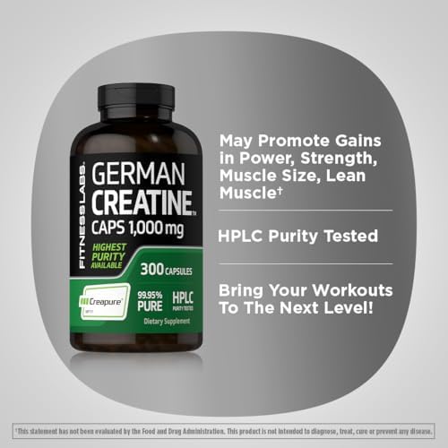 Fitness Labs German Creatine Monohydrate Capsules | 1000mg | 300 Pills | Supplement for Men and Women | Non-GMO, Gluten Free