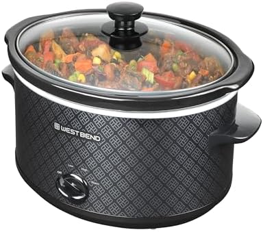 West Bend Slow Cooker 4-Quart Manual Crockery Style with Dishwasher Safe Oval Ceramic Crockpot and Glass Lid Two Temperature Settings Plus Keep Warm, 210-Watts, Black