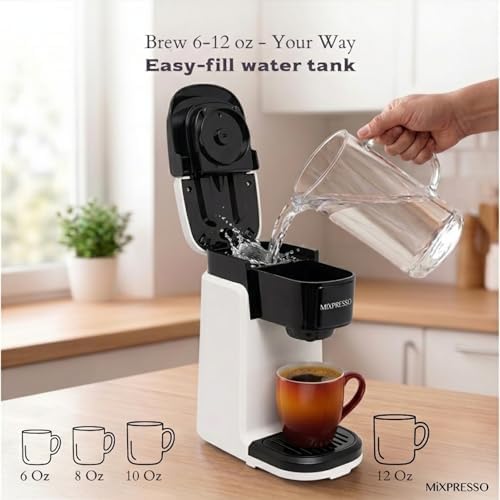 Mixpresso Single Serve Coffee Maker K Cup Coffee Maker for K Pods & Grounds | Compact 800W White Coffee Machine with 14 Oz Water Tank, Fast Brew & Auto Shut-Off, Small Design for Travel RV, Office& Dorm