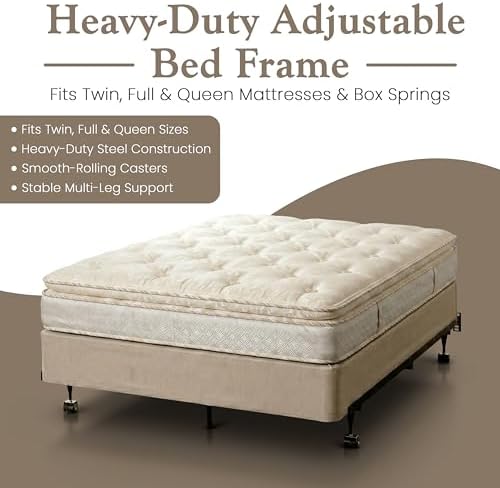 Kings Brand Furniture Adjustable Metal Bed Frame with Locking Wheels, Fits Twin, Twin XL, Full, Full XL & Queen Mattresses