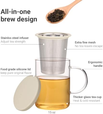 emoi 15 oz Glass Tea Cup with Infuser & Lid, Ideal for Loose Leaf Tea, Gray | Tea Mug with Extra Fine Mesh 304 Stainless Steel Steeper & Silicone Lid