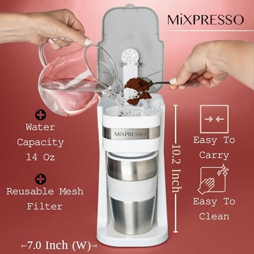Mixpresso Single Serve & Single Cup Coffee Maker with 14oz Travel Mug Black | For ground coffee only, reusable filter, auto shut off. Compact personal drip coffee maker, not compatible with K-Cup pods.