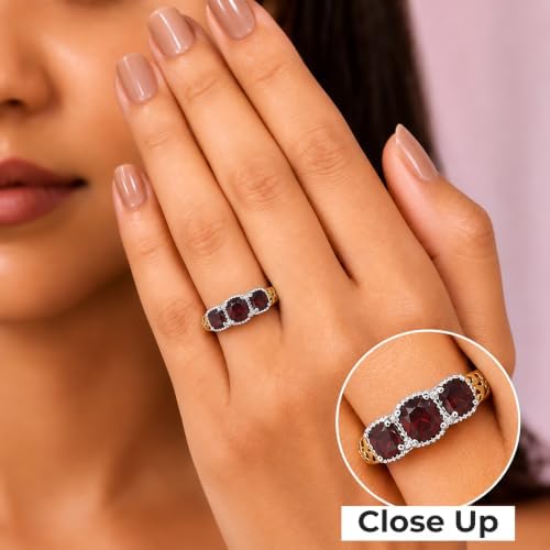 3 Stone Garnet Ring Silver with 14K Gold Plating January Birthstone Ring
