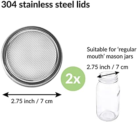 2 Pack Seed Sprouting Jar Lids | For 2.75" Regular Mouth Mason Jars | Fresh Sprouts at Home | Strainer Screen for Canning Jars | 304 Stainless Steel