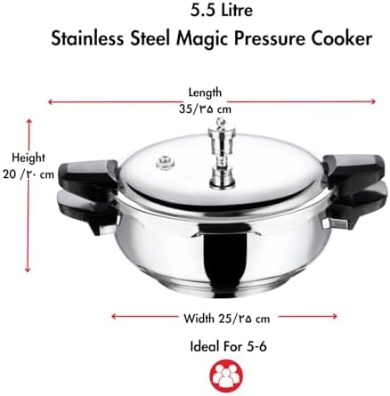 Vinod Magic Stainless Steel Smart 3 in 1 Pressure Cooker 5.5 Litre | 5mm Thick Base | All in One Cooker with Strainer & Glass Lid | Induction and