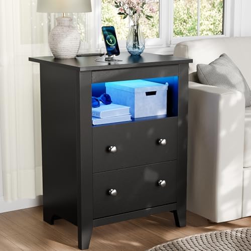 Black Nightstand with Gun Drawer, Night Stand with Charging Station & LED Lights, Bedside Table with Tray & 2 Drawers, End Side Table with Hidden Compartment for Valuables Storage