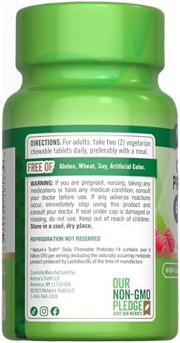 Nature's Truth Probiotic Chewable for Men and Women | 6 Billion CFU | 60 Count | 14 Strains | Berry Flavor | Vegetarian, Non-GMO & Gluten Free