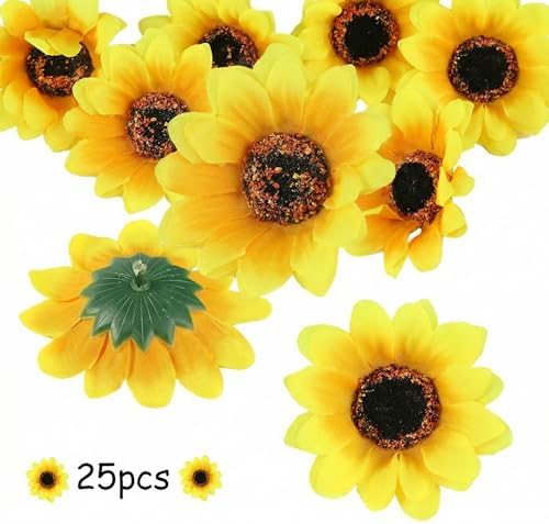 25PCS Fake Sunflowers Heads, 2.8" Artificial Silk Flowers | DIY Crafts Wedding Home Decor, Birthday Party Floral Supplies, Bright Yellow Blooms
