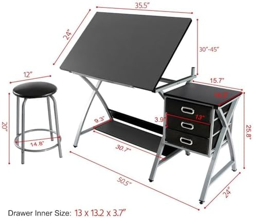 Yaheetech Drafting Table with Storage & Stool