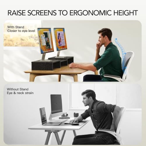 AMERIERGO Dual Monitor Stand Riser- 3 Shelf Screen Stand with Adjustable Length and Angle, 2 Extra Functional Slot Desktop Organizer Stand for PC