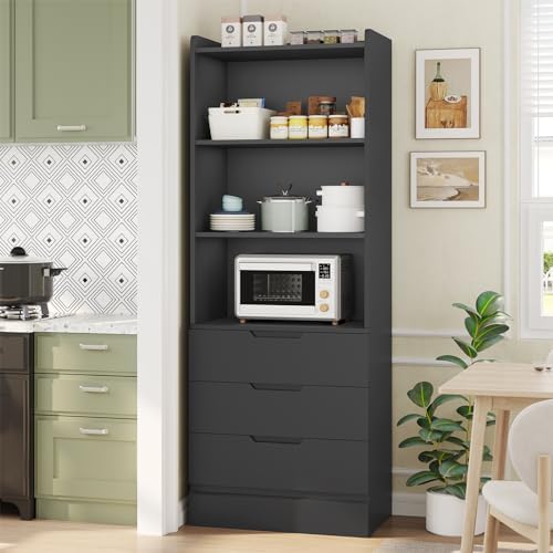 DICTAC 73.23'' Tall Storage Cabinet Bookcase with 3 Drawers and 3-Tier Open Shelves Wooden Bookshelf Kitchen Pantry Storage Organizer Cabinets for Living Room, Study, Kitchen,Bathroom,White