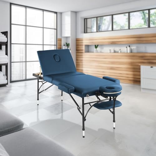Saloniture Professional Portable Lightweight Tri-Fold Massage Table with Aluminum Legs - Includes Headrest, Face Cradle