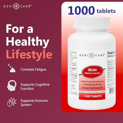 GeriCare Ferrous Sulfate Tablets 325mg, Elemental Iron 65 mg High Potency Iron Supplement | Dietary Supplement 100 Count. (Pack of 1)