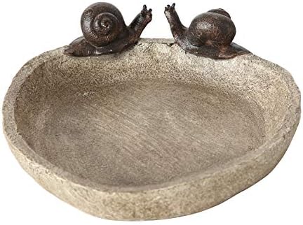 Bird Bath with 2 Snails, Off White Stone Finished Basin and Brown, All Weather Poly Resin, 8 1/4 inches Diameter (21cm)