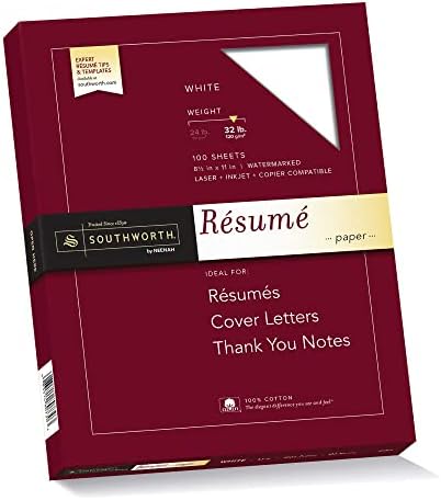 Southworth® 100% Cotton Résumé Paper, 8 1/2" x 11", 32 Lb, 100% Recycled, White, Pack of 100