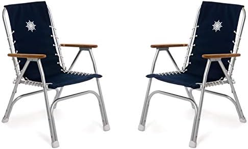 Boat Chairs High Back Navy Blue Deck Folding Marine Aluminum Teak Furniture Set of 2 M150NB