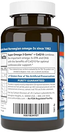 Carlson Super Omega-3 Gems + CoQ10, 1200 mg, Omega-3s, 60 Softgels | 200 mg CoQ10; Norwegian; Wild Caught; Sustainably Sourced