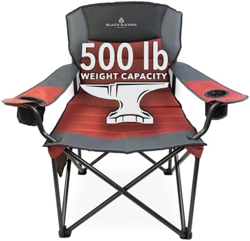 Black Sierra Oversize XL Camping Chair Supports 500 lbs, Padded Folding Outdoor Chair w/ 2 Cupholders and Carrybag