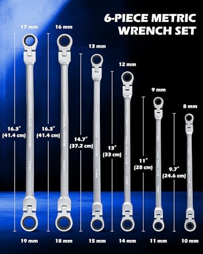 OMT 6Pc Metric Extra Long Flex-Head Ratcheting Wrench Set, 8-19mm Range | Durable 40CrV Steel Build, 72-Tooth Gearing, 180° Rotating Flex-Head