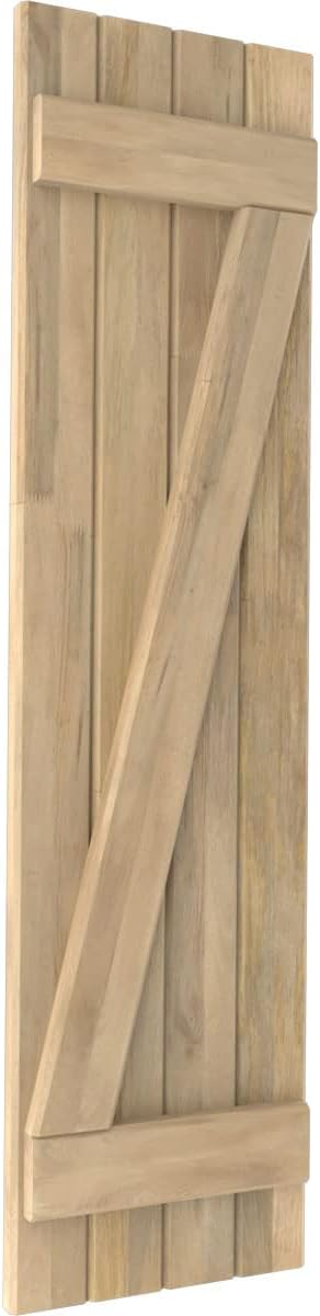 14"W x 62"H Americraft Four Board (2 Batten) Exterior Real Wood Joined Board-n-Batten Shutters w/Z-Bar (Per Pair), Unfinished
