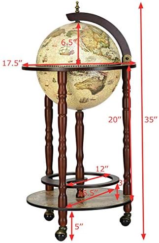 17" Wood Globe Wine Bar Stand Liquor Bottle Shelf Cart 16th Century Italian Rack