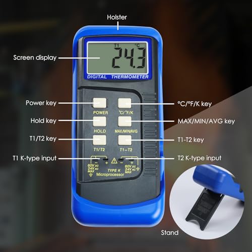 Thermocouple Thermometer Digital K Type Dual Channel Thermometer HVAC Temperature Meter with 4 Thermocouples, MAX/MIN/AVG Temperature Measurement
