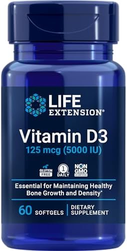 Life Extension Vitamin D3 125 mcg (5000 IU), Bone Health, Brain Performance, Immune System Support, Gluten-Free, Non-GMO, Once Daily, Two-Month Supply, 60 Softgels | Bone Health, Cognitive Health & Immune System Support, Gluten-Free & Non-GMO, Once Daily…
