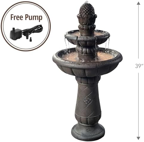 Teamson Home Deluxe Pineapple Pedestal 2 Tiered Floor Waterfall Fountain with Pump for Outdoor Patio Garden Backyard Decking, 39 Inch Height
