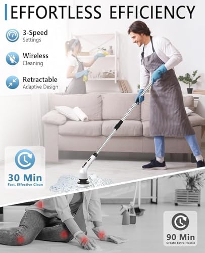 Electric Spin Scrubber for Cleaning Bathroom, Shower Scrubber Cordless Cleaning Brush with IPX7 Waterproof & 3 Speed, 9 Brush Heads