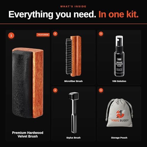 Vinyl Buddy 5-in-1 Vinyl Record Cleaning Kit | Premium Hardwood Velvet & Microfiber Brush, Stylus Brush